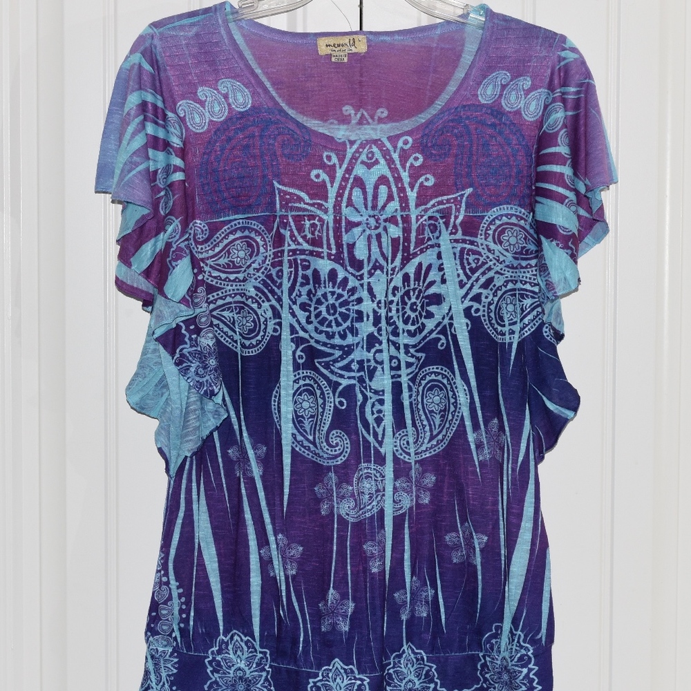 Emerald Purple Blue Paisley Top Size L  New